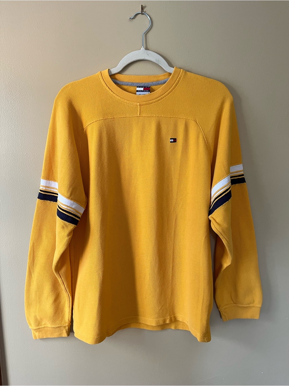 Tommy Hilfiger Mustard Yellow Long Sleeve Crewneck Sweatshirt with Stripe Detail